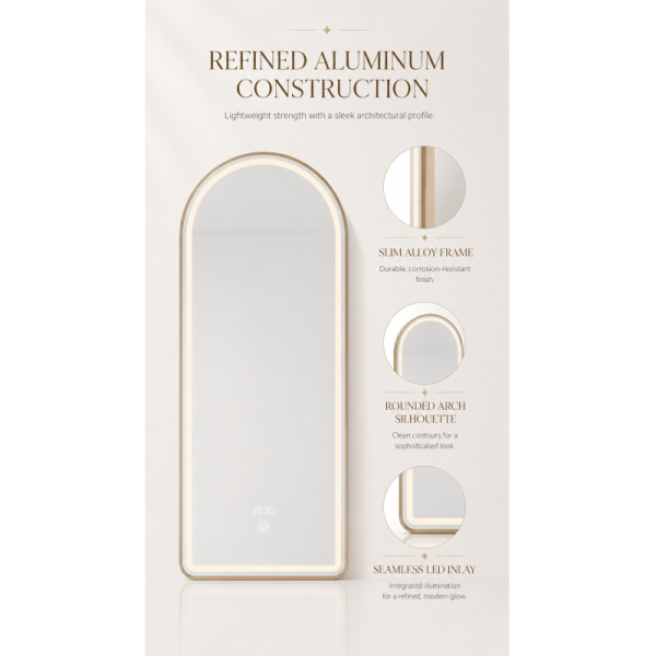 Kingstin Arch Smart LED Bathroom Vanity Mirror with Time Display 3 Colors Dimmable Aluminum Gold Frame Backlit Wall Mounted