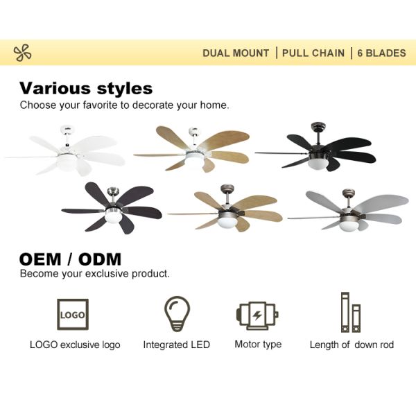 Control de pared ventilador de techo LED de 42 pulgadas con 6 hojas de MDF negro