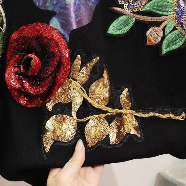                  High Quality Sequins Flower Long-Sleeved Knitwear Sweater Casual Pants 2 Piece Knit Set Women Autumn and Winter Tracksuit             