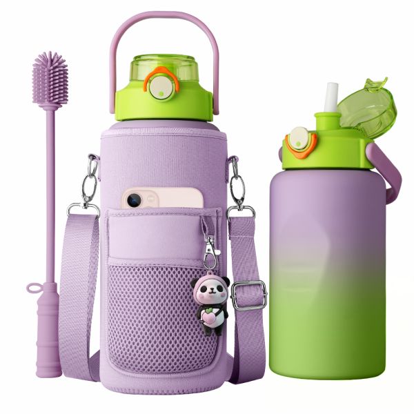 Half Gallon Reusable Insulated Stainless Steel Drink Bottles With Straw Neoprene Holder