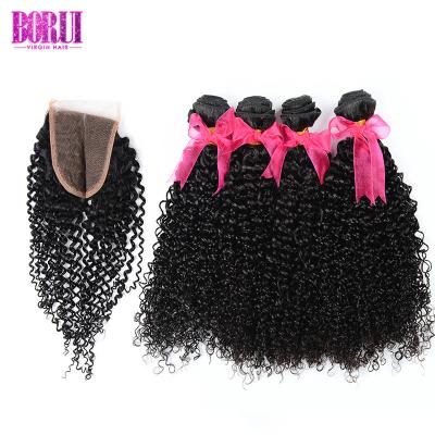 Unprocessed Malaysian Human Hair Kinky Curly 3/4 Bundles With Lace Closure