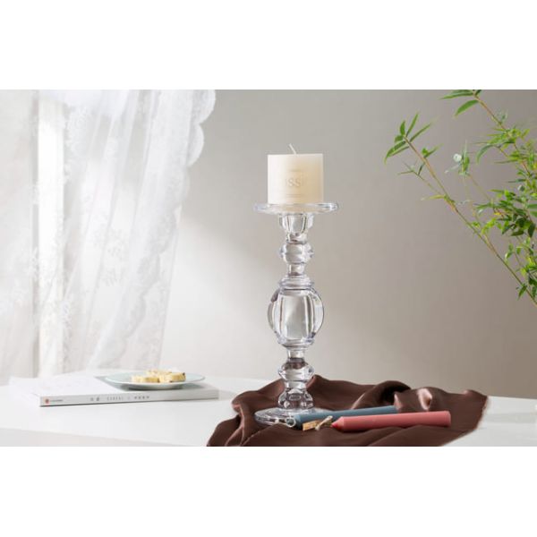 Large Pillar Taper Clear Color Glass Candle Holder Pressed 11.8 Inch Tall