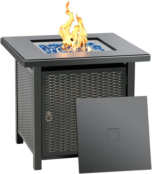 28 Inch Square Natural Gas Fire Pit With Blue Fire Glass For Outside Patio