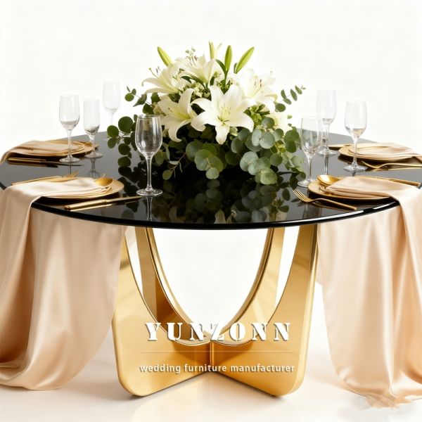Luxury Round Stainless Steel Wedding Table Event Design Gold Glass Top Dining Table