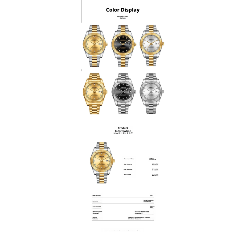 Two Tone Gold Silver Fluted Bezel Men Business Watch Stainless Steel Bracelet Calendar Luminous Waterproof Dress Quartz Wristwatch Multi Dial Colors