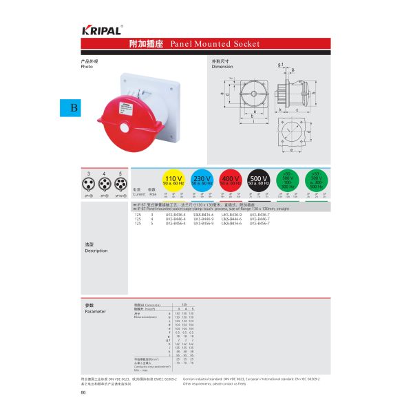 Durable 125A 4P 380V 6H Industrial Panel Mounted Socket Straight