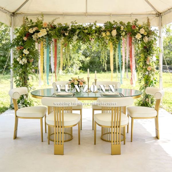 Luxury Stainless Steel Restaurant Banquet Party Modern Dining Wedding Tempered Glass Durable Table