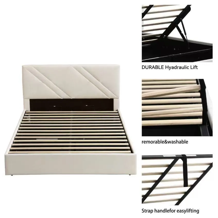 Minimalist Double Bed with Beige Leather Vertical Strip Upholstery