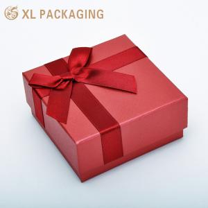 Custom Red Ribbon Bow Jewelry Gift Box, Rigid 2‑Piece Lid Base Box With Black Foam Insert for Ring Earring