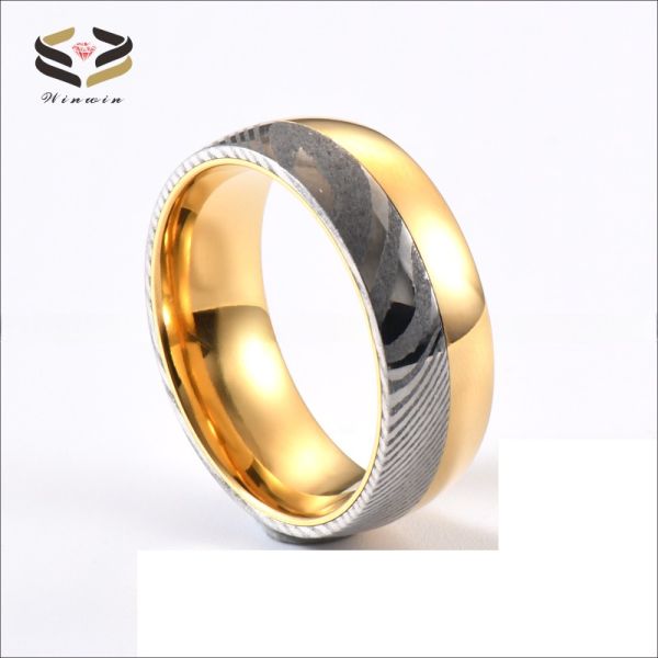 Anillo de boda de acero de Damasco para hombre, oro y plata, dos tonos, 8 mm, pulido con forro de tungsteno