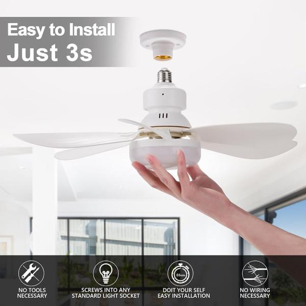 Socket Fan Light with Remote E27 Base 20.5'' Small Screw in Ceiling Fans with Lights 3 Speeds and 3 Color Dimmable Fan Light Bulb