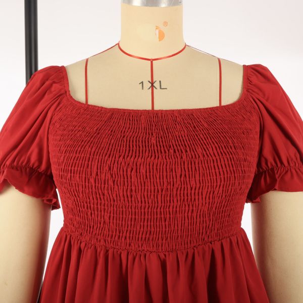                  Large Size Women&prime;s Large Size Solid Color Leisure Holiday Dress Travel Square Collar Play Wrap Bubble Sleeve Dress             