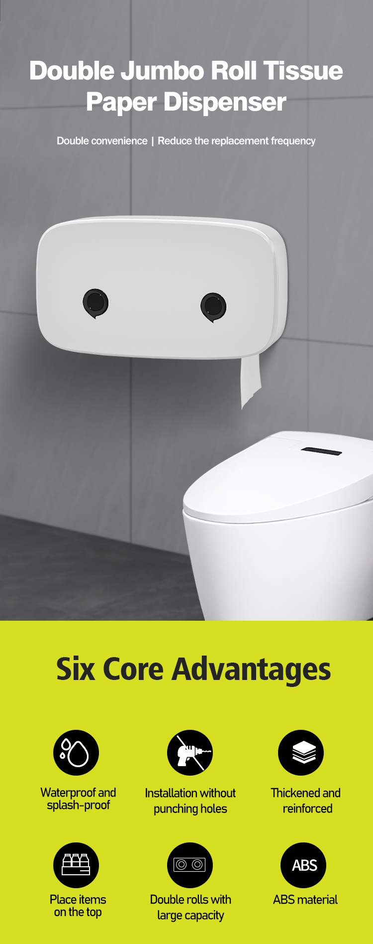 Modern ABS Plastic Double Roll Toilet Paper Dispenser Wall Mounted Hotel Commercial Use