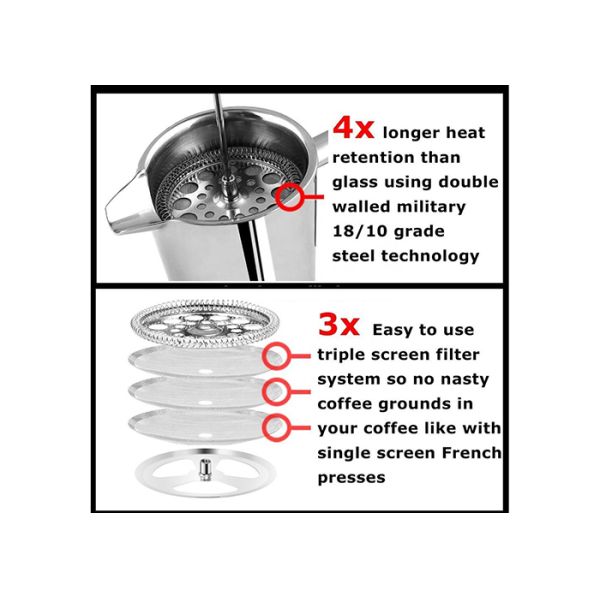 8 potenciômetro francês de aço inoxidável do café da imprensa do copo 34oz 18/8 com escritório domiciliário do filtro