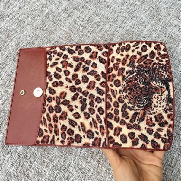 Authentic Stingray Skin Leopard Tiger Designer  Long Wallet Genuine Leather Women Large Clutch Purse Lady Card Holder