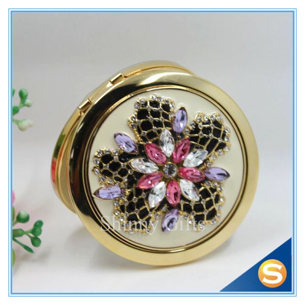 Shinny Gifts Luxury Rhinestone Flower Design Metal Compact Mirror Small Makeup Mirror For Girls Gift