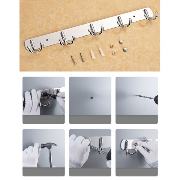 Mirror Chrome Silver Stainless Steel Hat And Coat Hooks Wall Mounted With 8 Hooks