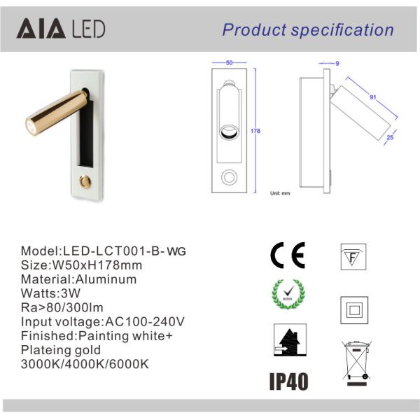 Contemporary embedded mounted Gold Brushed led wall lamps 3W led wall light led reading bedside wall light