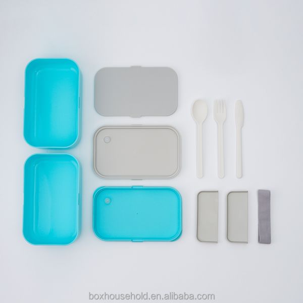 Large Capacity Custom Printed Eco-friendly Double-Layer Lunch Box with PP Lid and Cutlery Set 2000ml