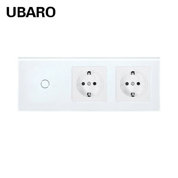 UBARO Smart Touch Light Switch + Dual EU Schuko Power Outlet Combo, Tempered Glass Wall Plate, AC 110V-250V, White, Home Electrical Socket with Touch Control