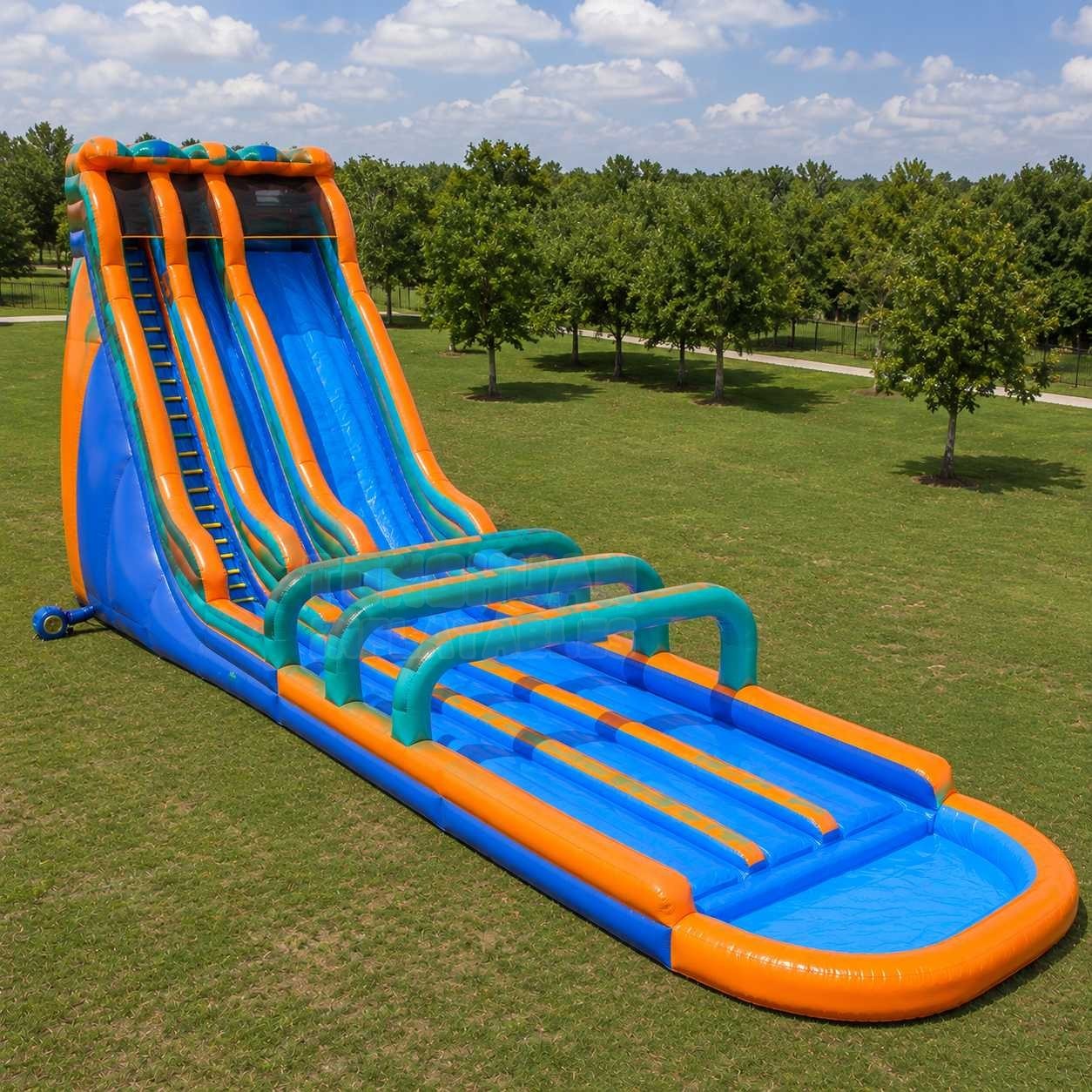 Custom Large Inflatable Water Slide with Tall Slide Platform Long Splash Lane and Pool for Parks Camps Schools and Summer Rental Events