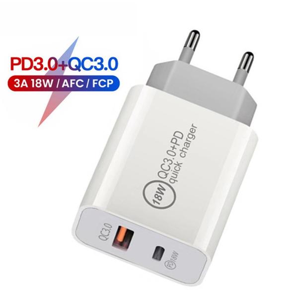 18w Type C Pd Qual Quick Charge 3.0 Fast Charger Dual Ports 20W Usb C Travel Wall Power Adapter Charger