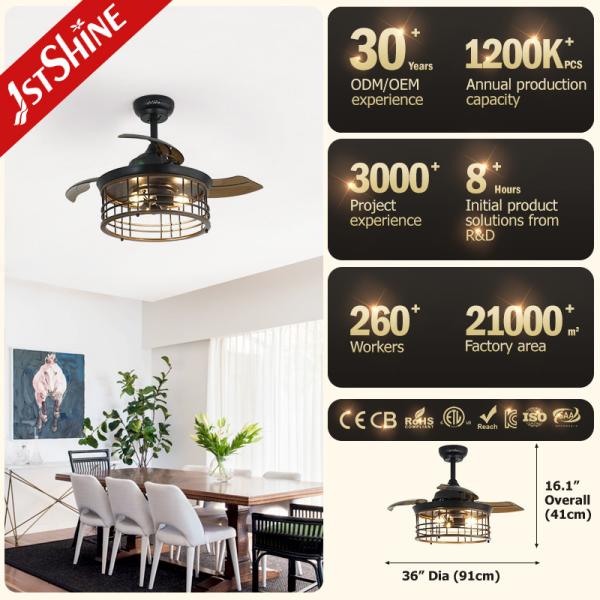 36 polegadas Cage de aço interior E27 * 3 lâmpada LED ventilador de teto invisível com lâmina retrátil