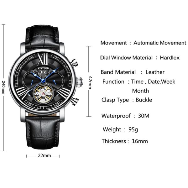 Hardlex Glass Luxury Mechanical Watches 22mm Band Width Buckle Clasp