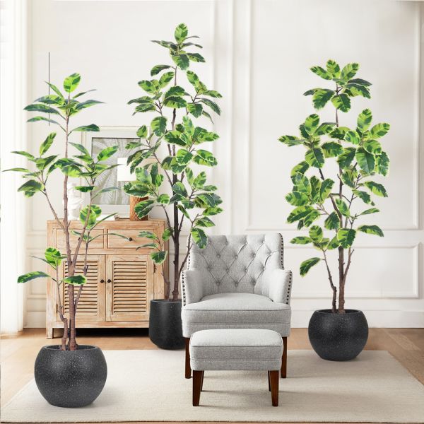 Latest New Arrival Artificial Indoor Plants Potted Plants Green White Faux Rubber Tree for Decoration Office Small Plastic