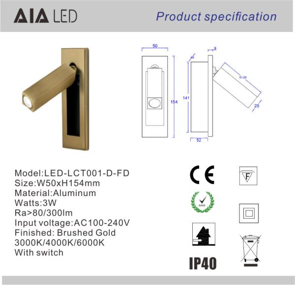 Rotating Recessed mounted bed sides light 3W led bed lighting reading light bed head wall lamp
