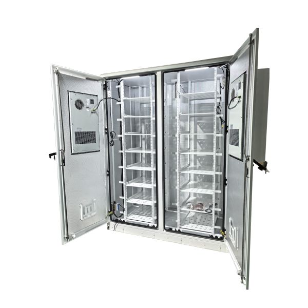 Dual 48U Outdoor Integrated Cabinet, 1500W Air Conditioner, LED Light, Aerosol Fire Suppression System and Door Sensor