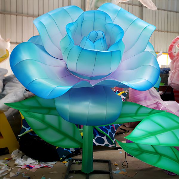 Custom Giant Blue Rose Flower Lantern, Large LED Floral Light Sculpture for Garden & Night Lantern Festival