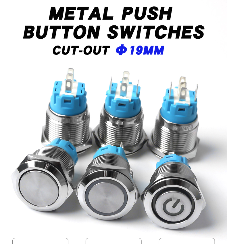 19mm Metal Push Button Switch 1NO1NC Shell Waterproof Momentary Latching Button Switch High/Flat Head Ring-LED