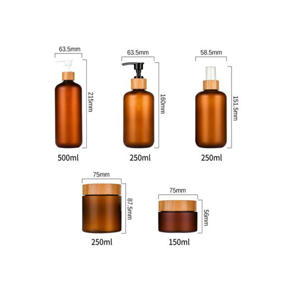 Bamboo Lid Empty Facial Cream Pump Lotion Jars Containers Cosmetic Packing Set Amber PET Plastic Bottle