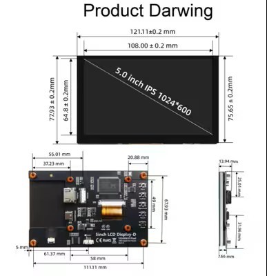 YBC050PKH-Q2 5 Inch 1024×600 HDMI LCD Display with 5-Point Capacitive Touch for Raspberry Pi