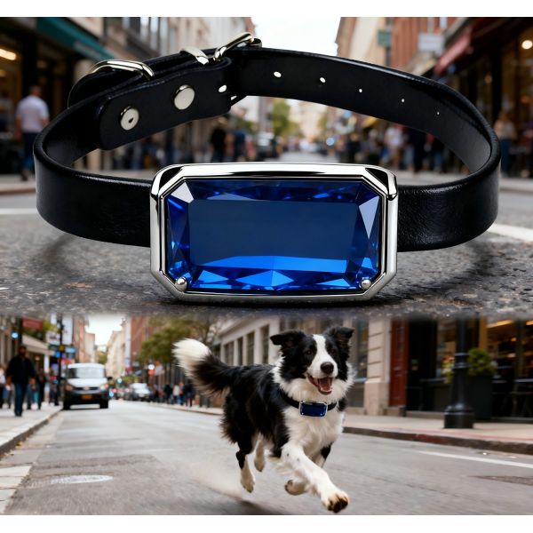 Black Leather Dog Collar for Dogs Blue Gem Shaped GPS Tracker Adjustable Metal Buckle Real Time Tracking