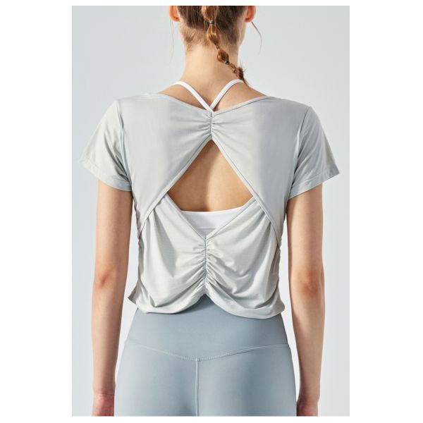Pleated Nylon Sports Short Sleeve Ladies Yoga Tops Running Fitness T - Shirt