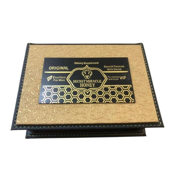 Caixa de mel e filmes de luxo embalagem conjunto de madeira pílulas de mel ouro touro negro masculino de melhoria