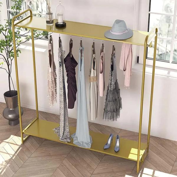 Fábrica de cores personalizadas Tamanho de roupas de ouro Estante de exibição de boutiques modernas Estante de exibição de ouro