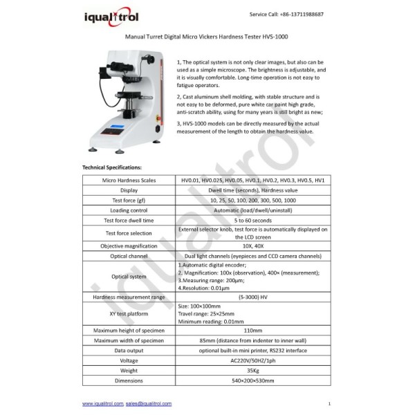 Manual Turret Micro Vickers Hardness Tester with Max Force 1Kgf Support Knoop Test
