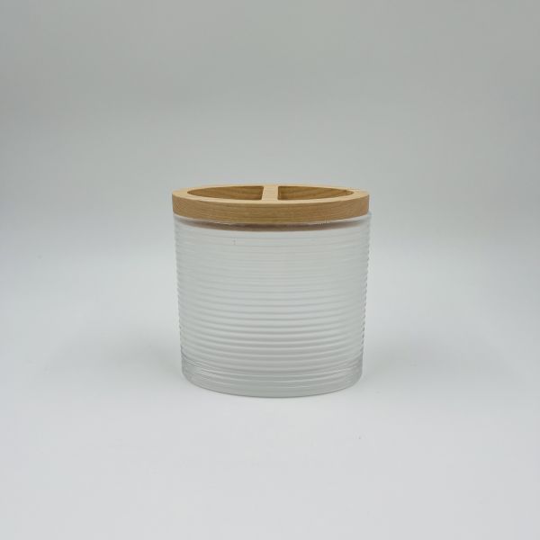 Accesorios modernos de baño de vidrio transparente forma redonda con madera parte botella de jabón de mano dispensador de jabón para el baño portabotellas de cepillo de dientes