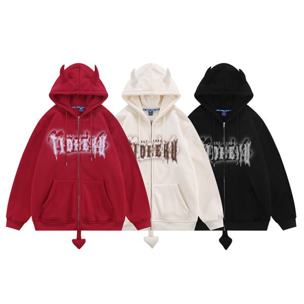 8oz 12 Ounce Zipped Hooded Sweatshirt Devil Horn Printed Fleece Blank Unisex Couple Men Oversized Full Zip Up Pullover