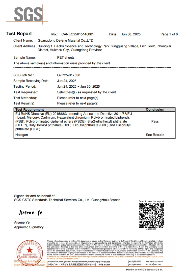 Guangdong Defeng Material Co., Ltd. Certifications
