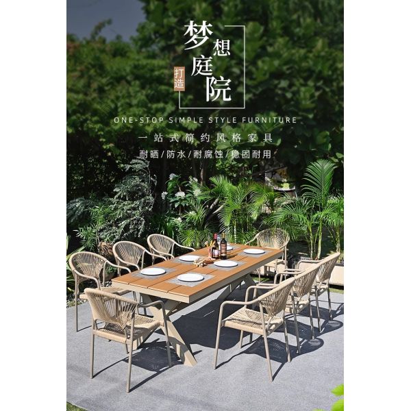 Patio exterior Villa sillas y mesas Jardín Balcón al aire libre Ocio Muebles de comedor de ratán Conjunto de mesa de madera de plástico