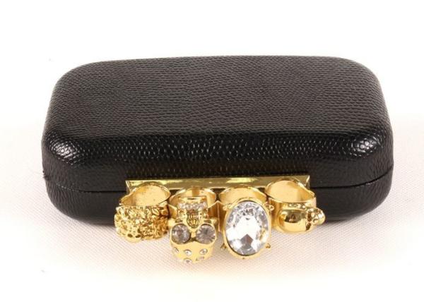 Black Rings Knuckle Ladies Leather Clutch Bags Hard Case With Flower Clasp