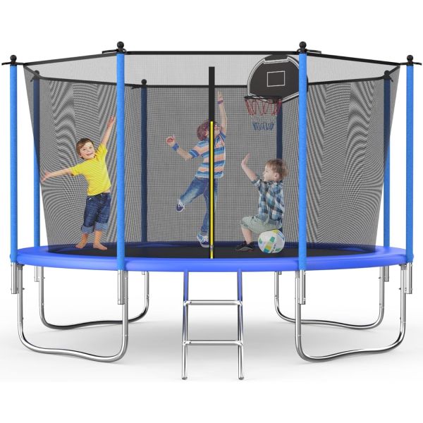 12FT Durable Outdoor Trampoline - Reinforced Springs & Safety Enclosure for Family Use