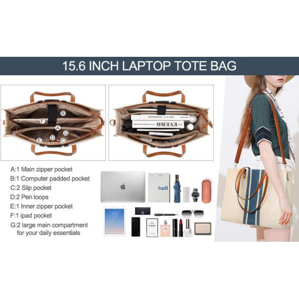Canvas Work Laptop Tote Bag For Women Casual Travel 16.33x4.7x12.99