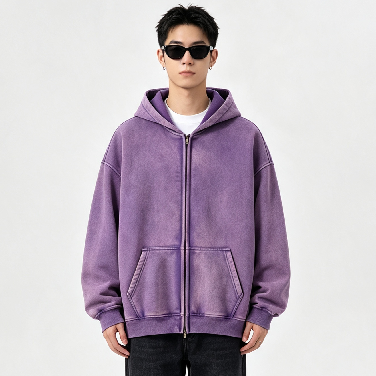 Men’s Vintage Washed Zip-Up Hoodie Oversized Fleece Lined Winter Casual Sweatshirt