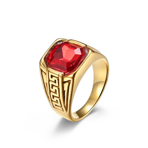 Men 316 316L Stainless Steel Jewelry Gold Plated Ring With Ruby Crystal Stone