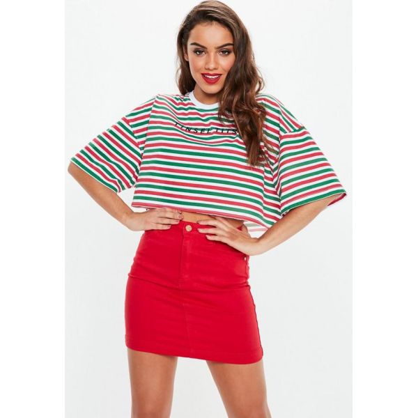 Green Trendy Women Clothing Stripe Cropped T Shirt